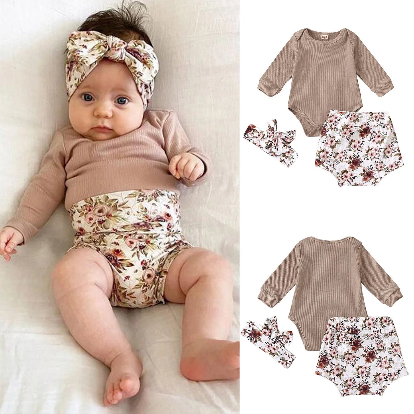 6 9 12 18 Months Newborn Baby Girls Clothing Sets 2023 Summer Ribbed Bodysuit+Floral Shorts+Headband Suit Childrens Girl Clothes