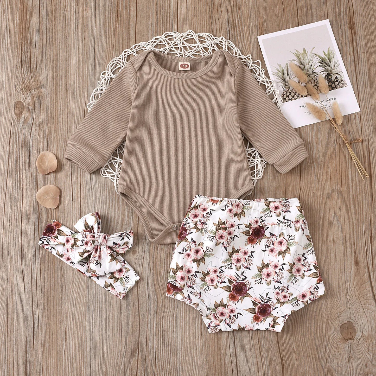 6 9 12 18 Months Newborn Baby Girls Clothing Sets 2023 Summer Ribbed Bodysuit+Floral Shorts+Headband Suit Childrens Girl Clothes