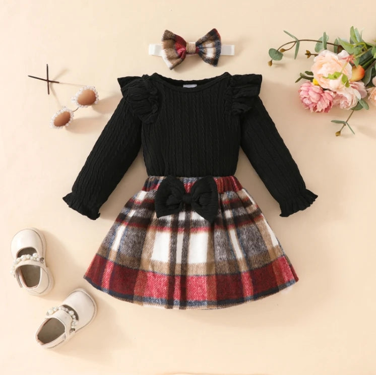 Fashion Baby Girls Fall Winter Outfit Long Sleeve Ribbed Romper Plaid Print Skirt Headband 3 Piece Warm Baby's Clothes Set