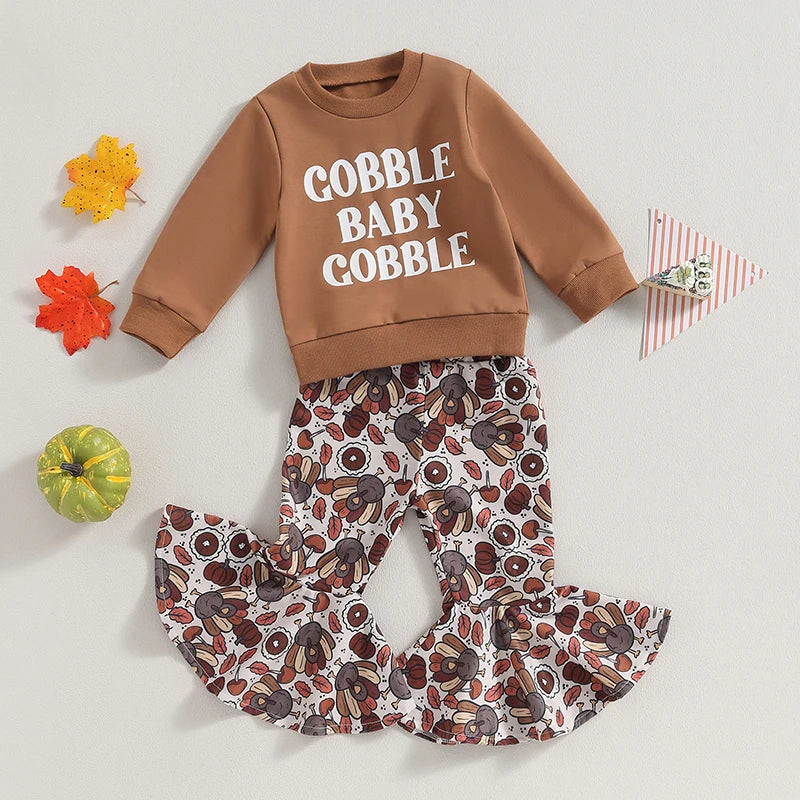 Adorable Baby Girl Thanksgiving 2-Piece Set with Long Sleeve Letter Print Top and Turkey Flare Pants - Toddler Outfit for Fall