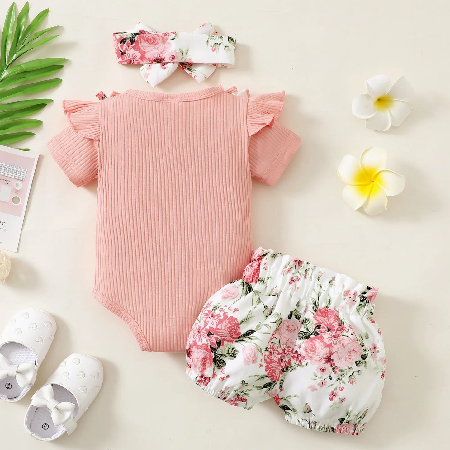 0-2 year old newborn baby girl summer pink round neck lace short sleeve with flowers printed bow shorts cute suit