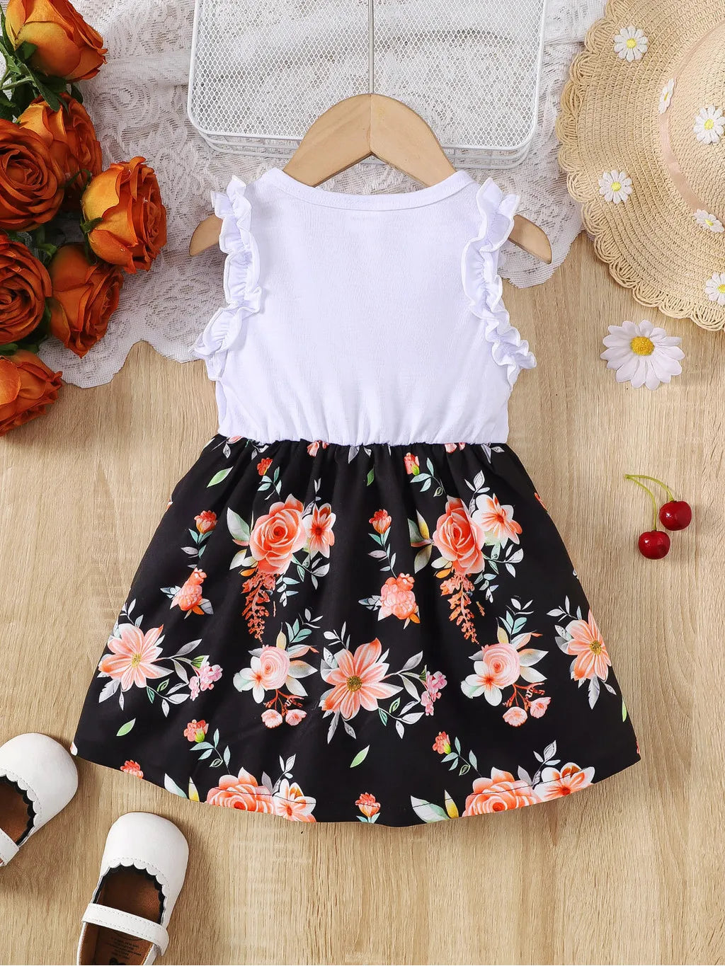 Baby Girl Summer Clothes Floral Print Sleeveless Dresses Pastoral Style Wedding Party Dress with Bow for Toddler Girl 0-3 Years