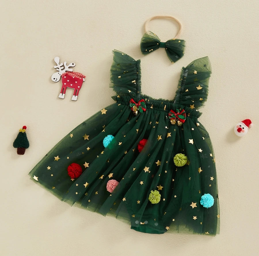 Baby Girls Rompers Dress Christmas Clothes Bobbles Bells Decor Mesh Skirts Hem Sleeveless Bodysuits with Headband