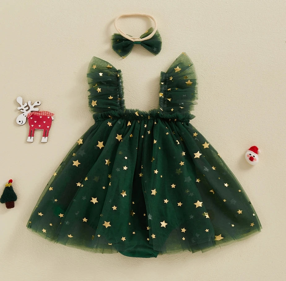 Baby Girls Rompers Dress Christmas Clothes Bobbles Bells Decor Mesh Skirts Hem Sleeveless Bodysuits with Headband