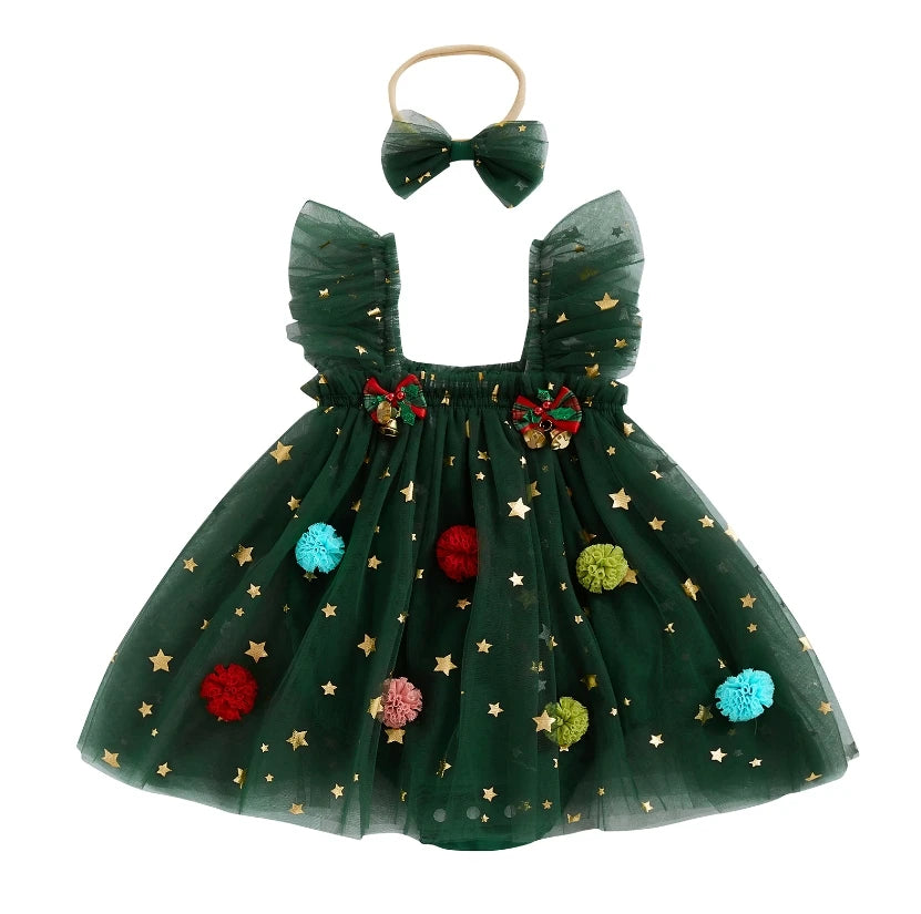 Baby Girls Rompers Dress Christmas Clothes Bobbles Bells Decor Mesh Skirts Hem Sleeveless Bodysuits with Headband