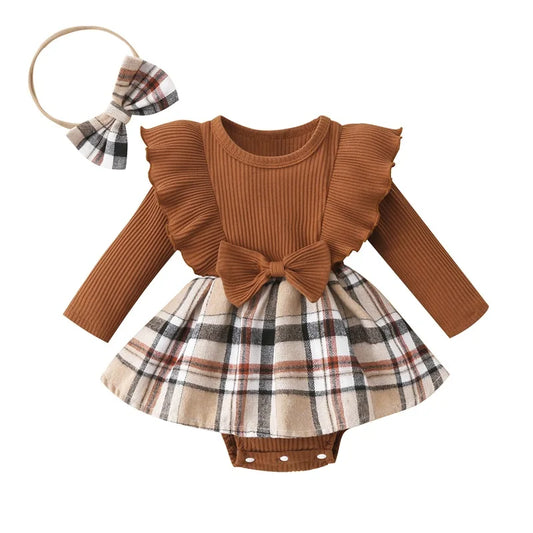 Plaid Rib Knit Infant Girl Romper Dress with Headband