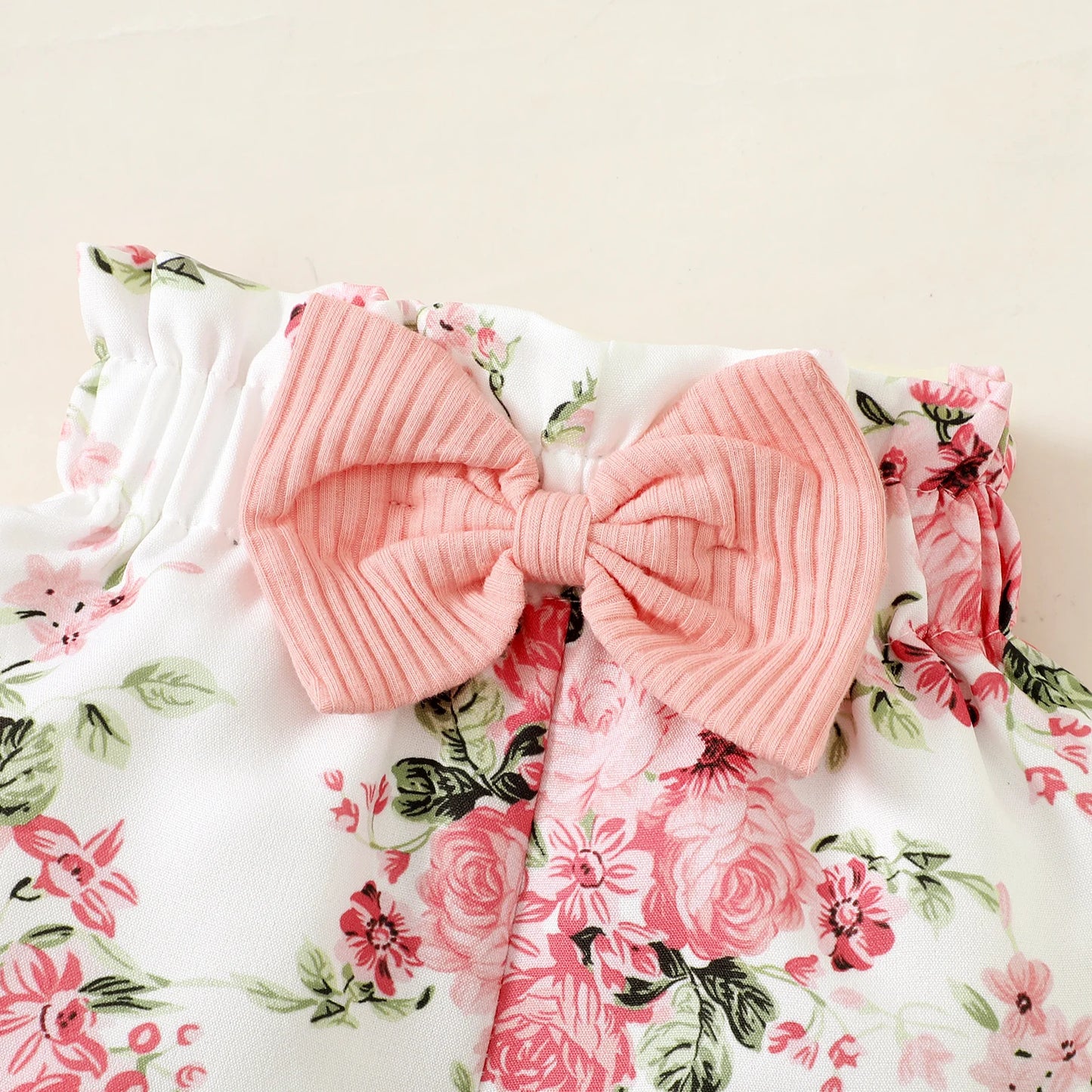 0-2 year old newborn baby girl summer pink round neck lace short sleeve with flowers printed bow shorts cute suit