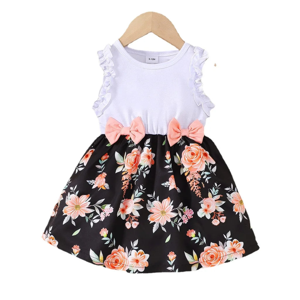 Baby Girl Summer Clothes Floral Print Sleeveless Dresses Pastoral Style Wedding Party Dress with Bow for Toddler Girl 0-3 Years