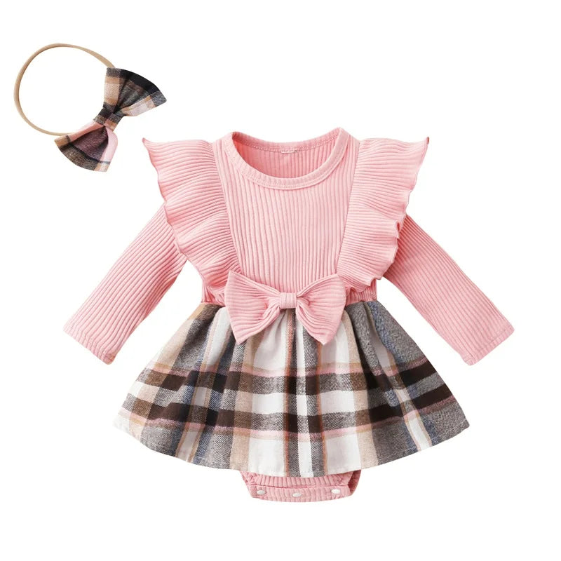 Infant Girl Rompers Dress Plaid Rib Knit Ruffles Long Sleeve Skirt Hem Jumpsuits Newborn Clothes Baby Bodysuits with Headband