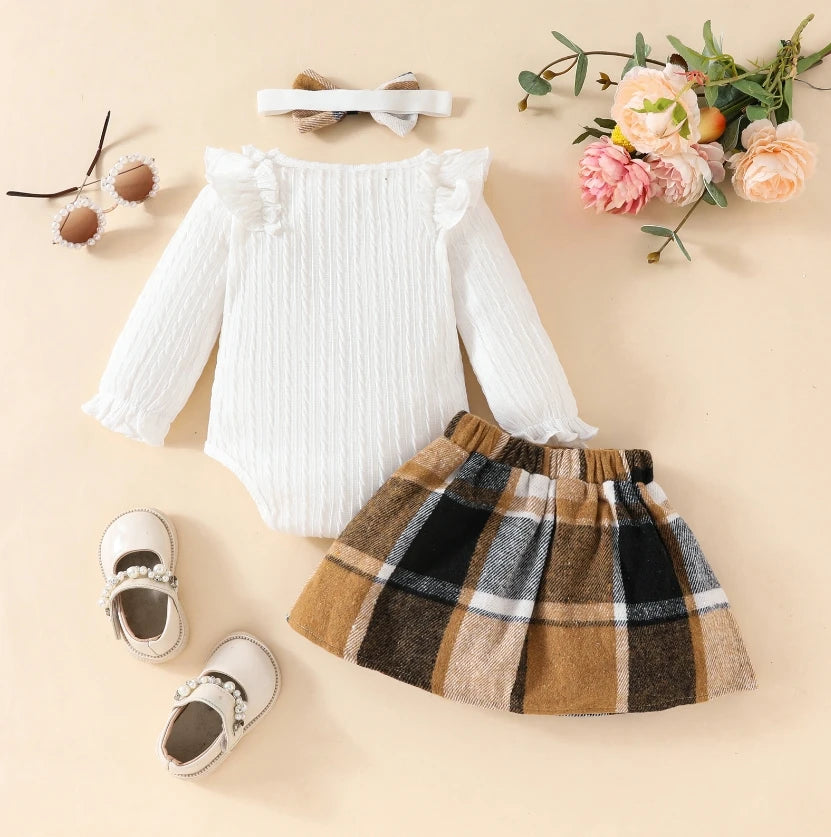 Fashion Baby Girls Fall Winter Outfit Long Sleeve Ribbed Romper Plaid Print Skirt Headband 3 Piece Warm Baby's Clothes Set