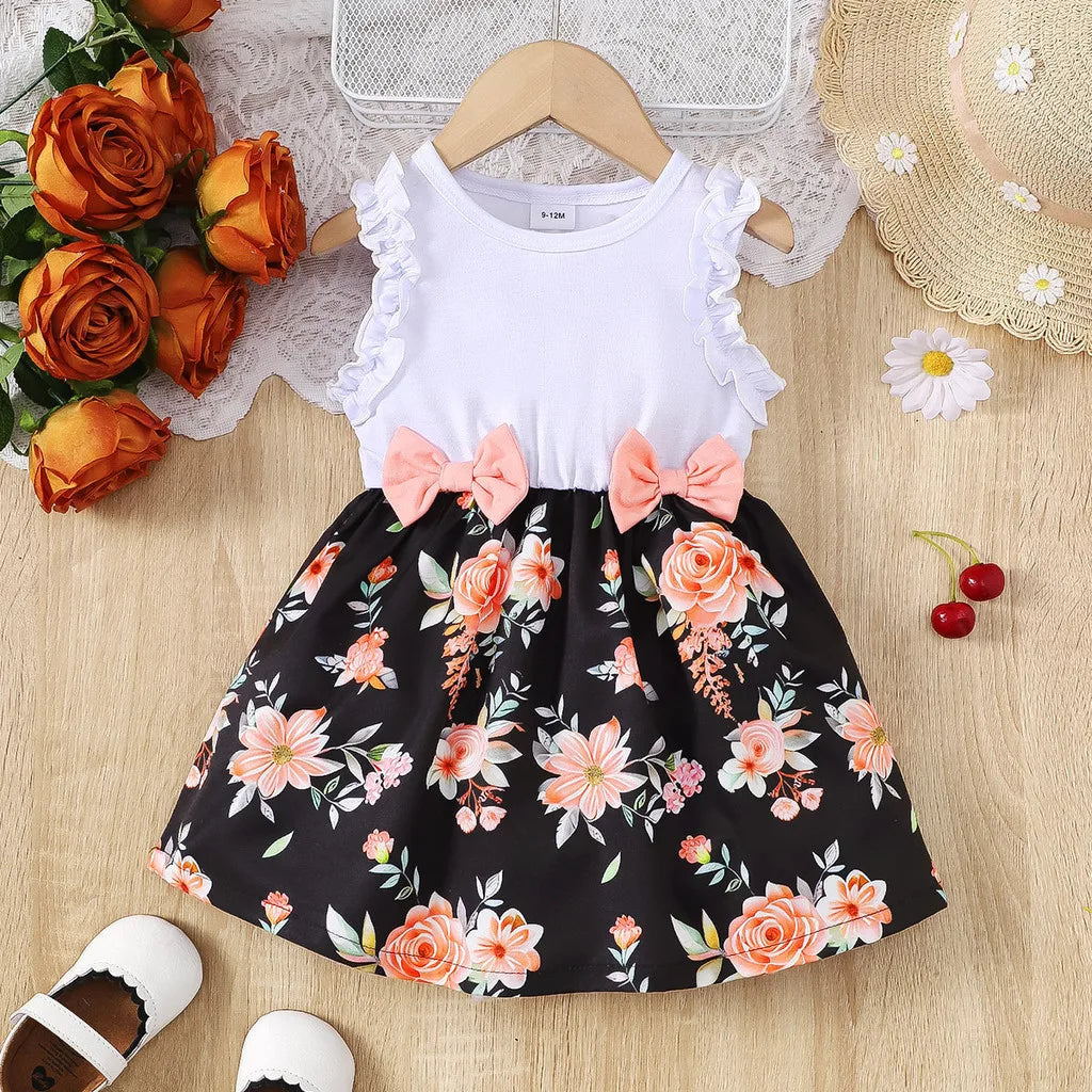 Baby Girl Summer Clothes Floral Print Sleeveless Dresses Pastoral Style Wedding Party Dress with Bow for Toddler Girl 0-3 Years