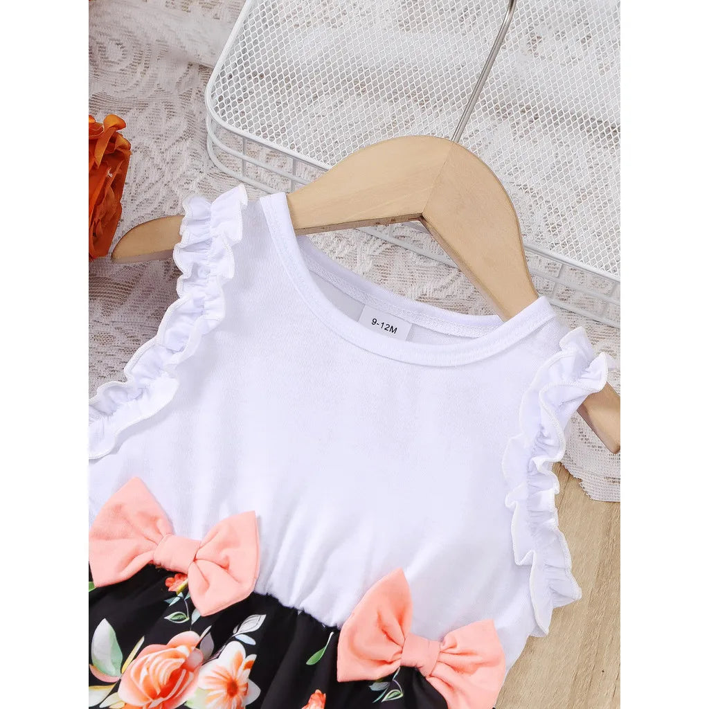 Baby Girl Summer Clothes Floral Print Sleeveless Dresses Pastoral Style Wedding Party Dress with Bow for Toddler Girl 0-3 Years