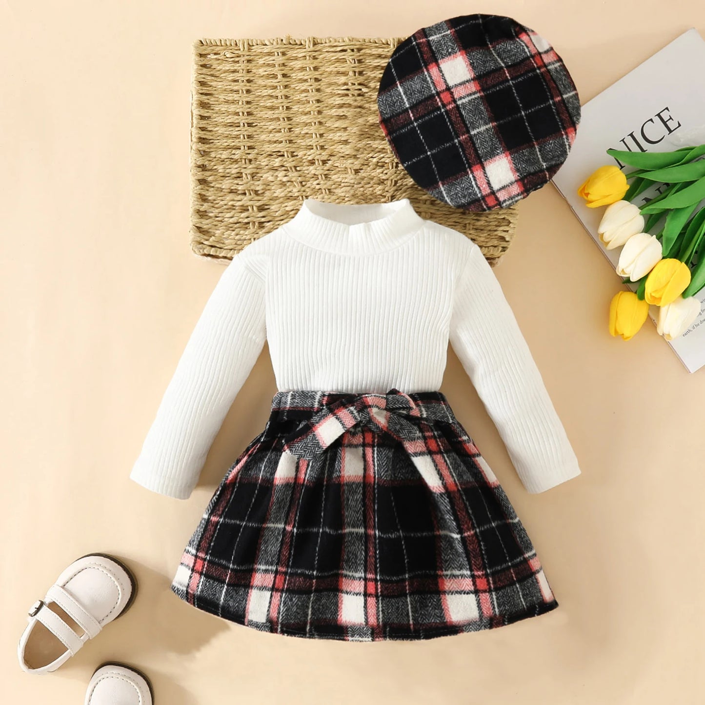 ma&baby 6M-3Y Toddler Infant Newborn Baby Girls Clothes Sets Knit Long Sleeve Tops Plaid Skrits Hat Fall Spring Outfits  D05