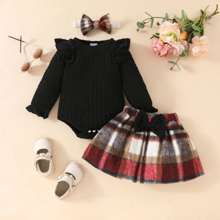 Fashion Baby Girls Fall Winter Outfit Long Sleeve Ribbed Romper Plaid Print Skirt Headband 3 Piece Warm Baby's Clothes Set