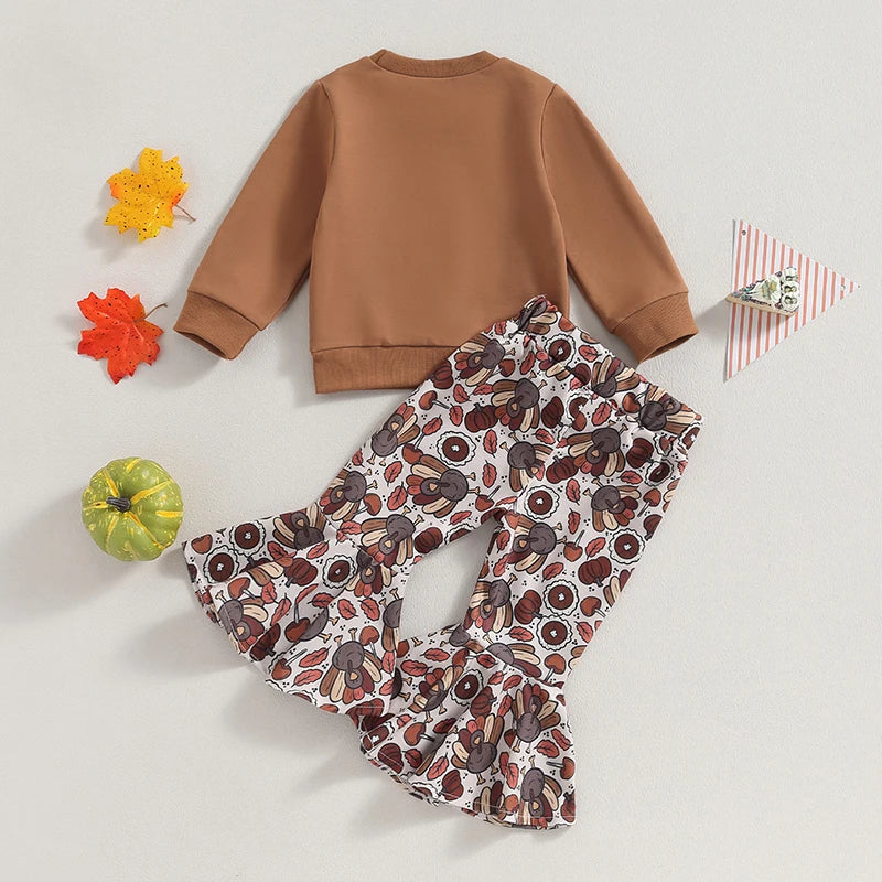 Adorable Baby Girl Thanksgiving 2-Piece Set with Long Sleeve Letter Print Top and Turkey Flare Pants - Toddler Outfit for Fall