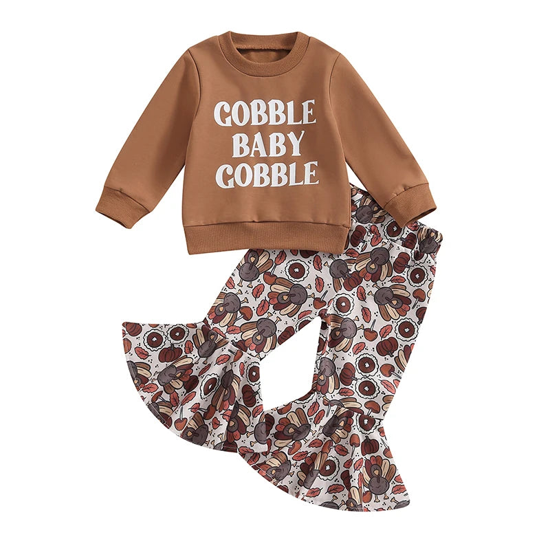 Adorable Baby Girl Thanksgiving 2-Piece Set with Long Sleeve Letter Print Top and Turkey Flare Pants - Toddler Outfit for Fall