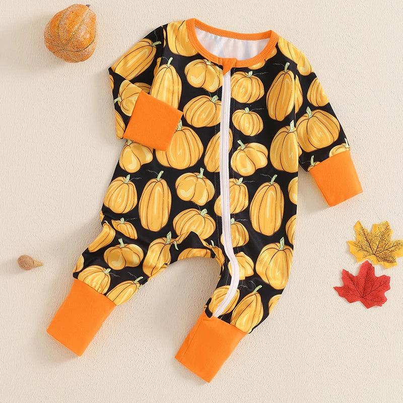 Pudcoco Infant Newborn Baby Girl Boy Halloween Zip Up Romper All-over Pumpkin Print Long Sleeve Round Neck Fall Jumpsuits 0-12M