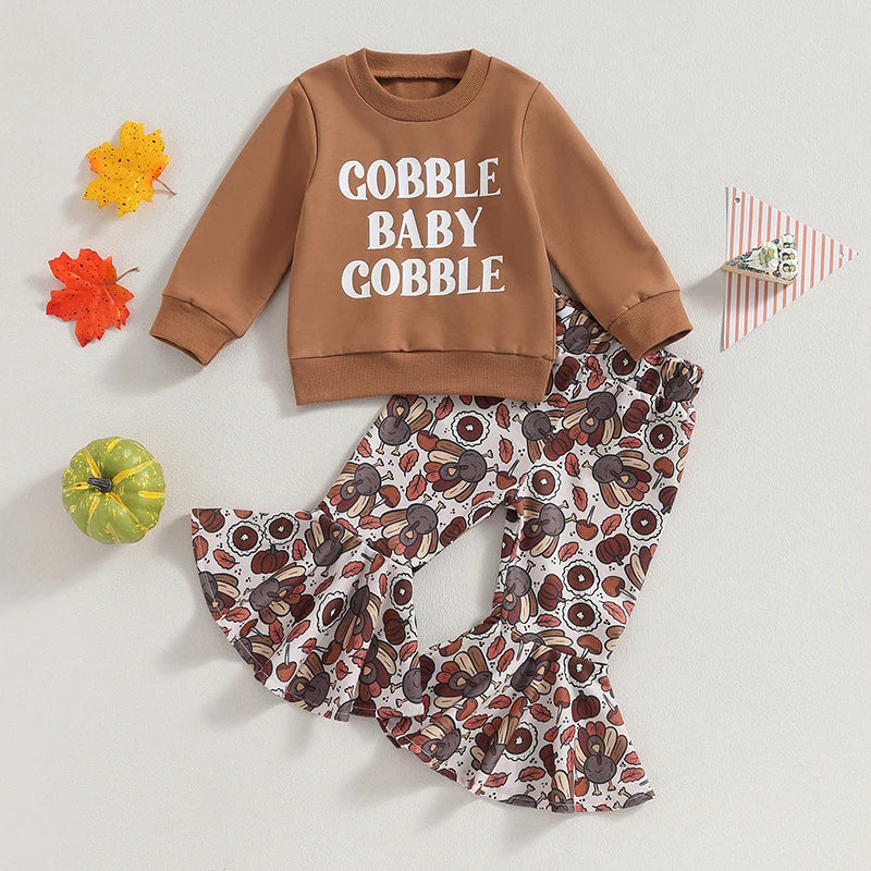 Adorable Baby Girl Thanksgiving 2-Piece Set with Long Sleeve Letter Print Top and Turkey Flare Pants - Toddler Outfit for Fall