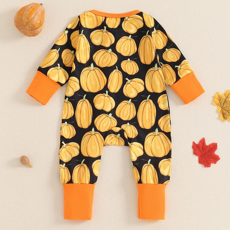 Pudcoco Infant Newborn Baby Girl Boy Halloween Zip Up Romper All-over Pumpkin Print Long Sleeve Round Neck Fall Jumpsuits 0-12M