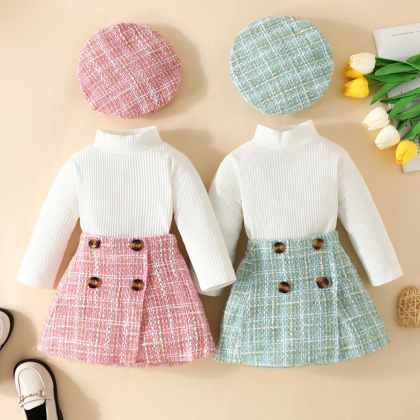 ma&baby 6M-3Y Toddler Infant Newborn Baby Girls Clothes Sets Knit Long Sleeve Tops Plaid Skrits Hat Fall Spring Outfits  D05