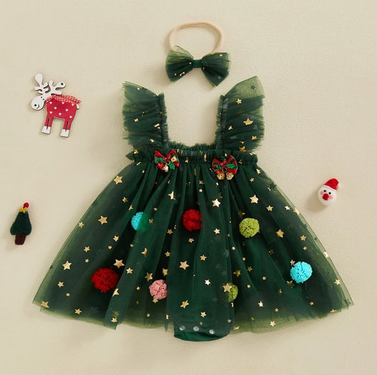 Baby Girls Rompers Dress Christmas Clothes Bobbles Bells Decor Mesh Skirts Hem Sleeveless Bodysuits with Headband