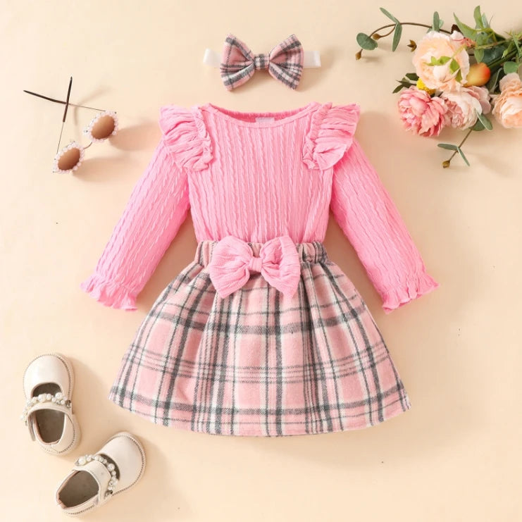 Fashion Baby Girls Fall Winter Outfit Long Sleeve Ribbed Romper Plaid Print Skirt Headband 3 Piece Warm Baby's Clothes Set