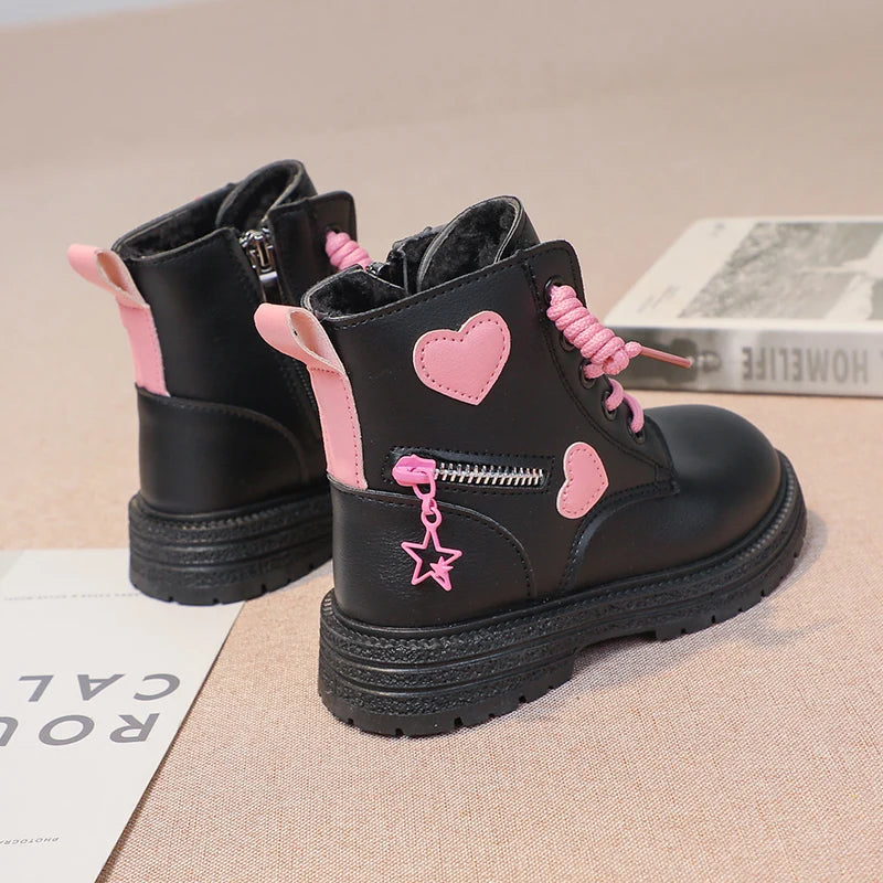 Pink/Black Girls Leather Boots Winter