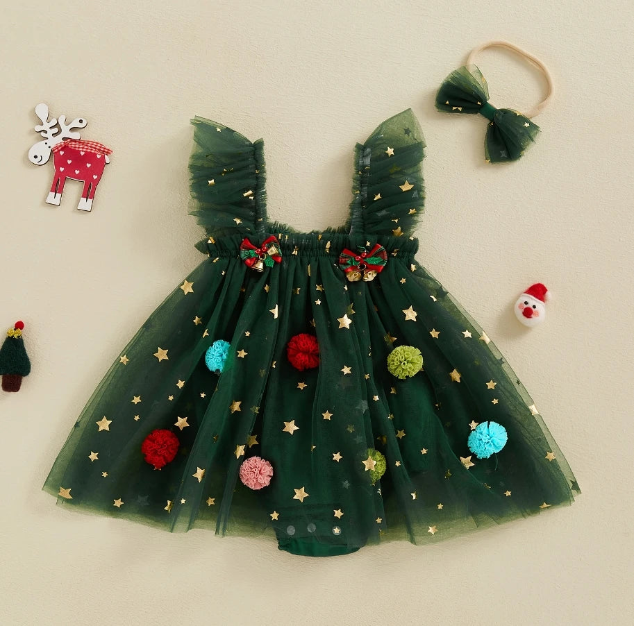 Baby Girls Rompers Dress Christmas Clothes Bobbles Bells Decor Mesh Skirts Hem Sleeveless Bodysuits with Headband