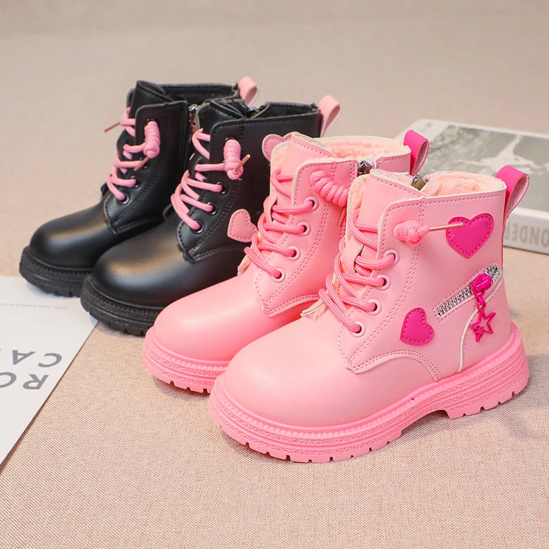 Pink/Black Girls Leather Boots Winter