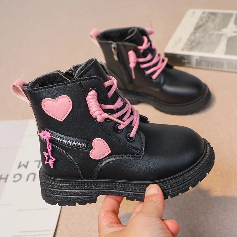 Pink/Black Girls Leather Boots Winter