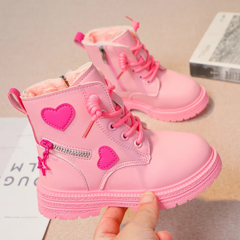 Pink/Black Girls Leather Boots Winter