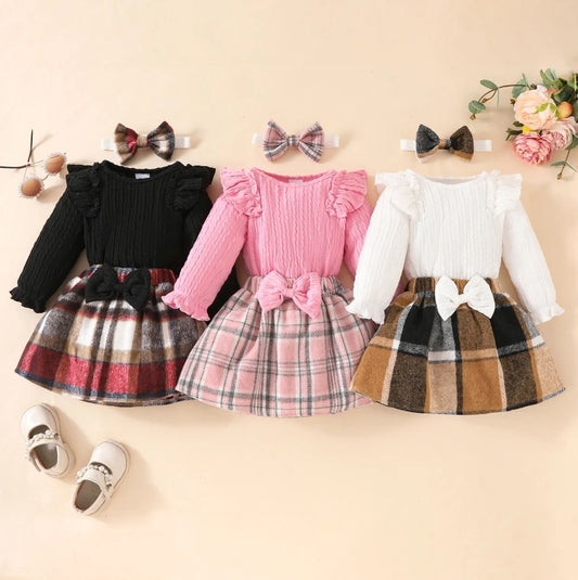 Fashion Baby Girls Fall Winter Outfit Long Sleeve Ribbed Romper Plaid Print Skirt Headband 3 Piece Warm Baby's Clothes Set