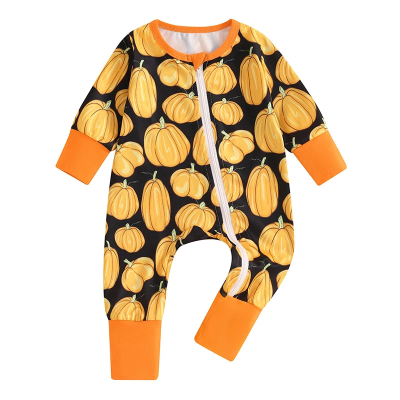 Pudcoco Infant Newborn Baby Girl Boy Halloween Zip Up Romper All-over Pumpkin Print Long Sleeve Round Neck Fall Jumpsuits 0-12M