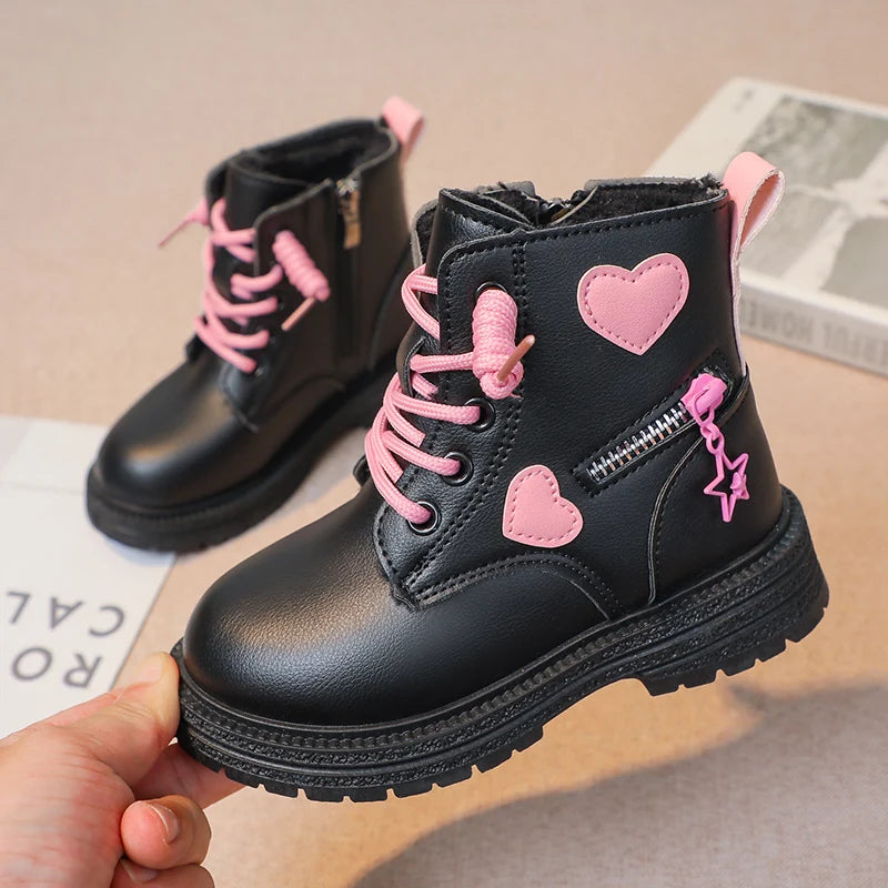 Pink/Black Girls Leather Boots Winter